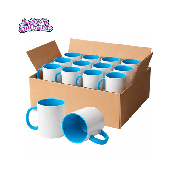 Caja con 36 Tazas Bicolor Azul Cielo Sublimables 11 oz