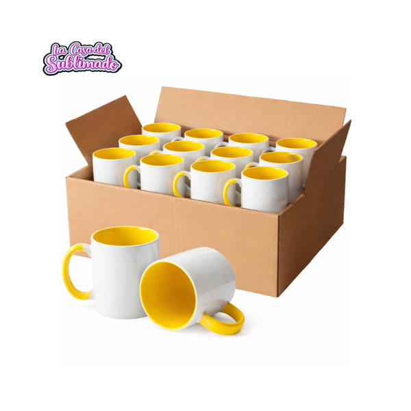 Caja con 36 Tazas Bicolor Amarillo Sublimables 11 oz