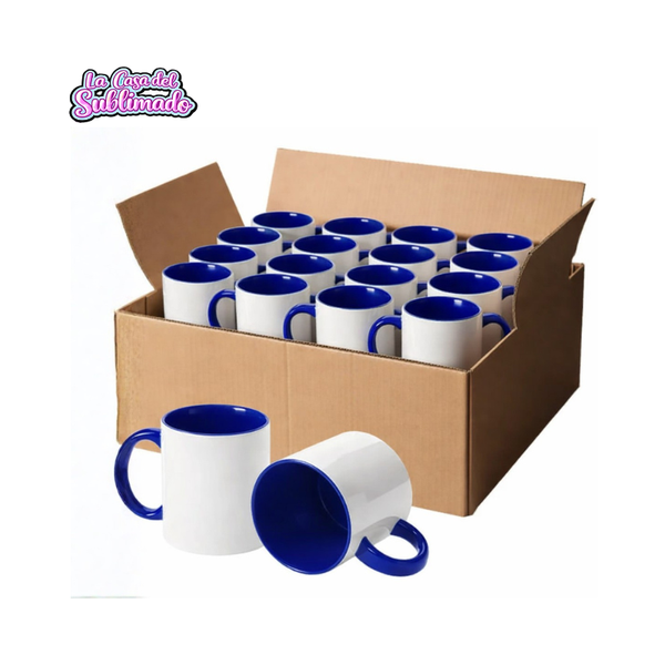Caja con 36 Tazas Bicolor Azul Cobalto Sublimables 11 oz
