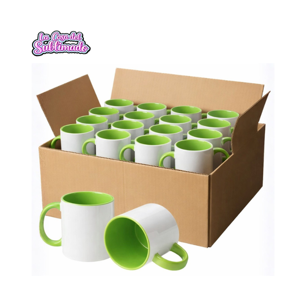 Caja con 36 Tazas Bicolor Verde Limón Sublimables 11 oz
