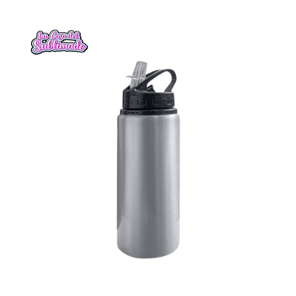 Caja con 30 Termos de Aluminio 600 ml Plata – Recto con Tapa Negra y Popote