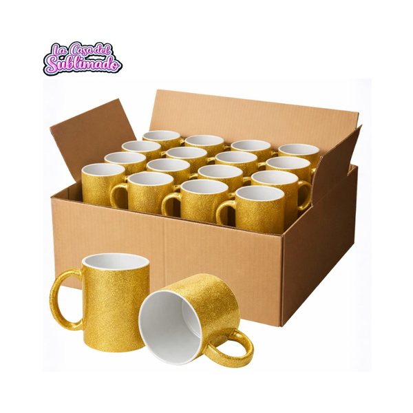 Caja con 36 Tazas para Sublimar 11 oz Glitter Dorada