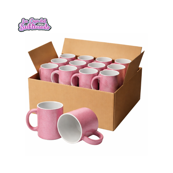 Caja con 36 Tazas para Sublimar 11 oz Glitter Rosa